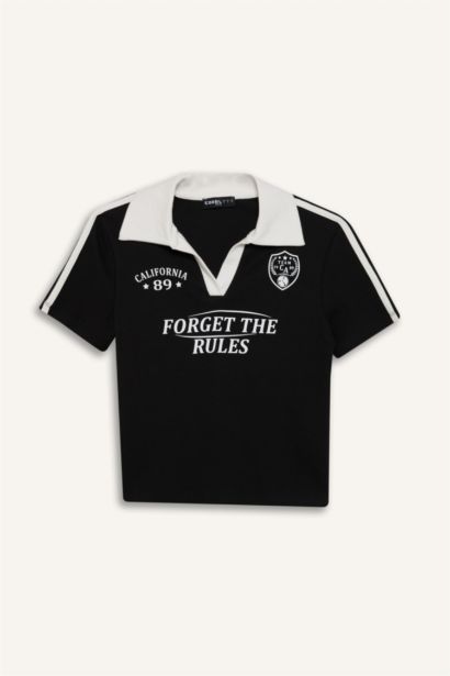 Fitted Polo Neck Printed Ribbed Short Sleeve T-Shirt