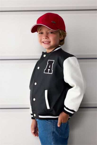 Erkek Bebek Su Geçirmez Kolej Yaka Nakışlı Cepli Çıtçıtlı Bomber Mont