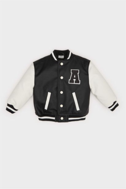 Erkek Bebek Su Geçirmez Kolej Yaka Nakışlı Cepli Çıtçıtlı Bomber Mont