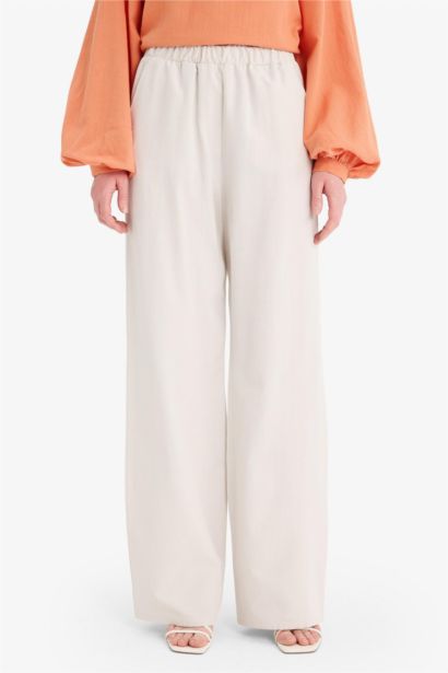 Keten Karışımlı Wide Leg Geniş Paça Flamlı Pantolon