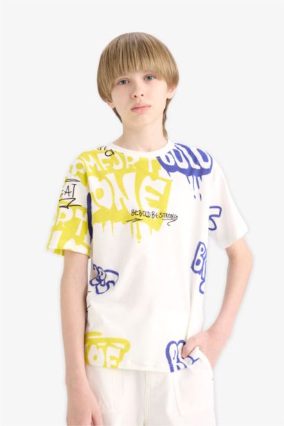 تيشيرت نص كم أولادي قصة عادية مطبوع برقبة مستديرة