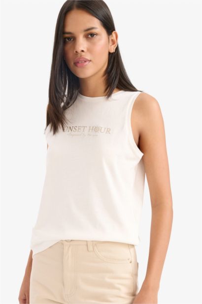 Regular Fit Slogan Crew Neck Tank Top