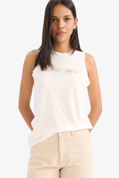 Regular Fit Slogan Crew Neck Tank Top