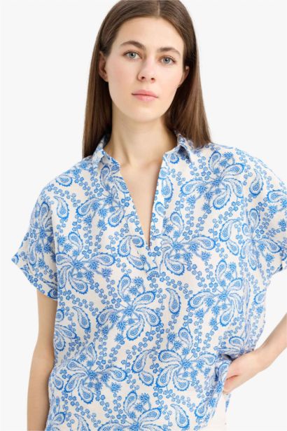 Oversize Fit Shirt Collar Printed Short Sleeve Blouse