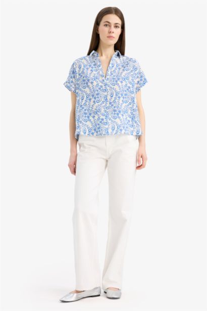 Oversize Fit Shirt Collar Printed Short Sleeve Blouse