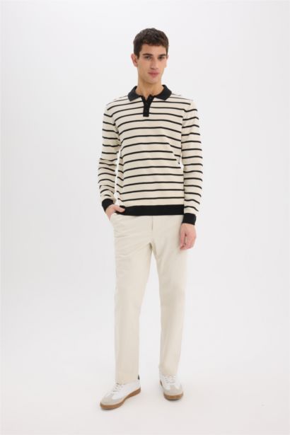 Standart Fit Polo Yaka Çizgili Triko Kazak	