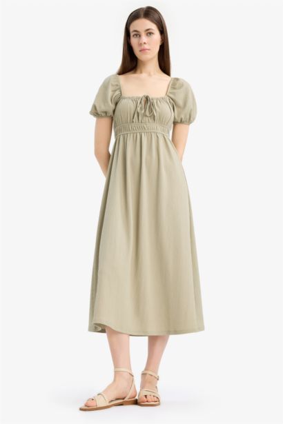 Square Collar Crepe Short Sleeve Midi Dress