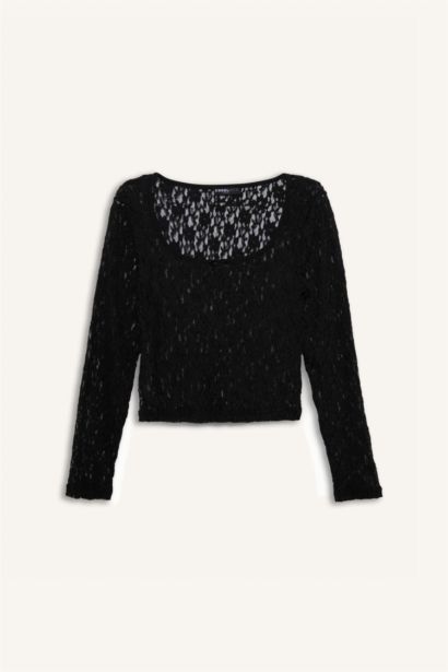 Round Neck Fitted Lace Long Sleeve Blouse
