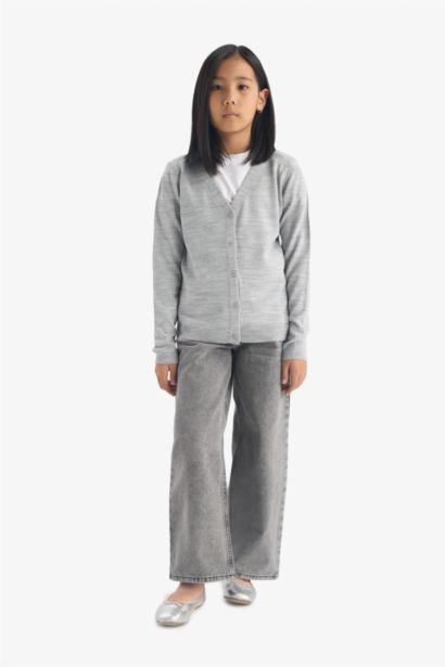 كارديجان بناتي بيزك رمادي بياقة V