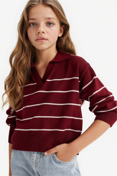 Girl Standard Fit Striped Polo Neck Knitwear Pullover