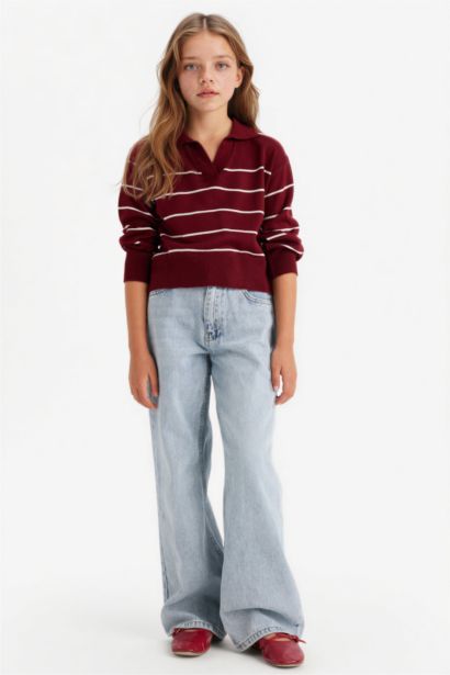 Girl Standard Fit Striped Polo Neck Knitwear Pullover