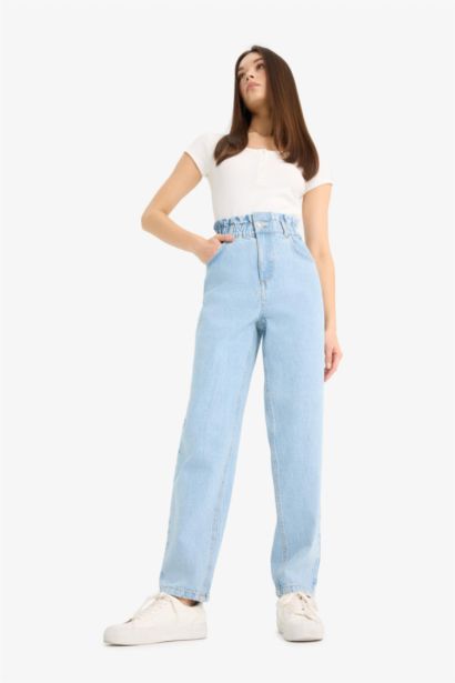 %100 Pamuk Paperbag Yüksek Bel Jean Pantolon