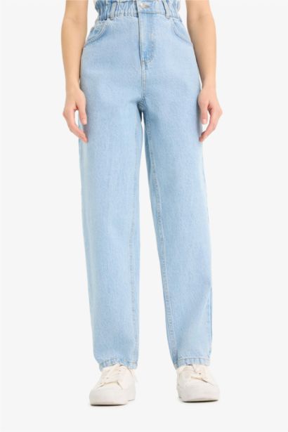 %100 Pamuk Paperbag Yüksek Bel Jean Pantolon