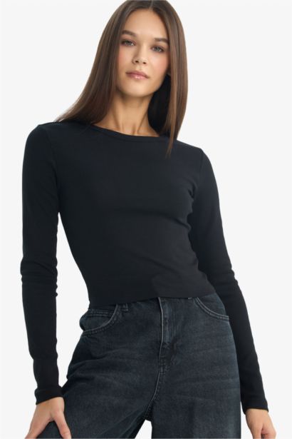 Slim Fit Crew Neck Ribbed Long Sleeve T-Shirt