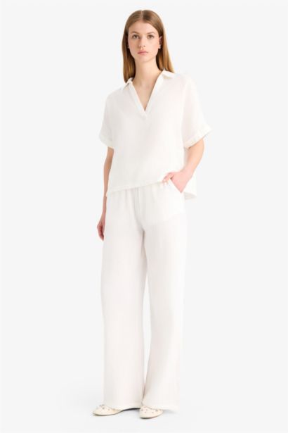 Wide Leg Elastic Waist Midi Crinkle Fabric Trousers