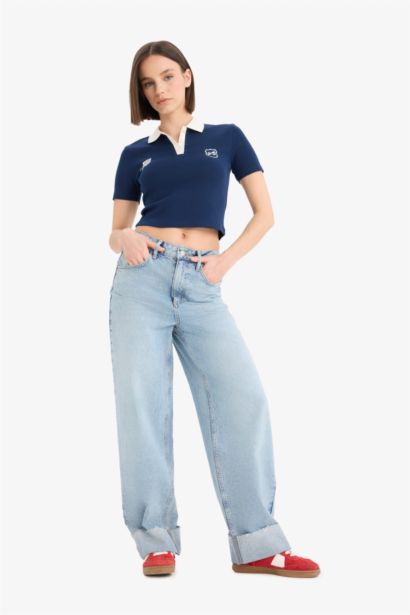 Fitted Polo Yaka Baskılı Ribana Kısa Kollu Tişört