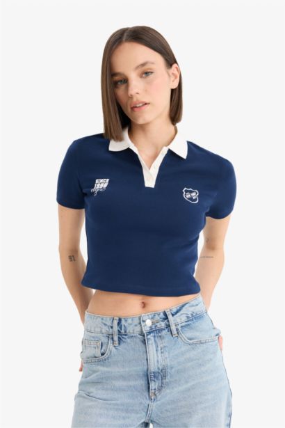 Fitted Polo Yaka Baskılı Ribana Kısa Kollu Tişört