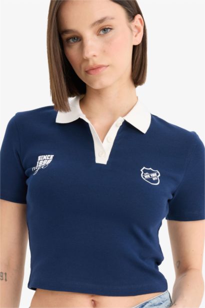 Fitted Polo Yaka Baskılı Ribana Kısa Kollu Tişört