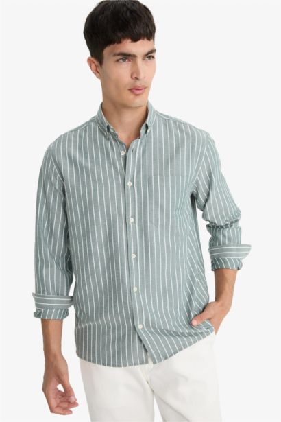 Regular Fit Polo Neck Woven Striped Shirt