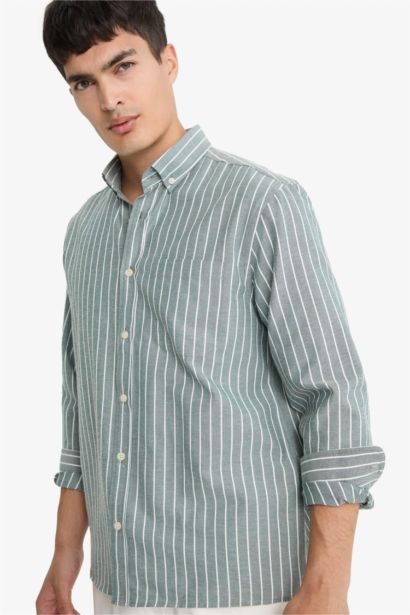 Regular Fit Polo Neck Woven Striped Shirt