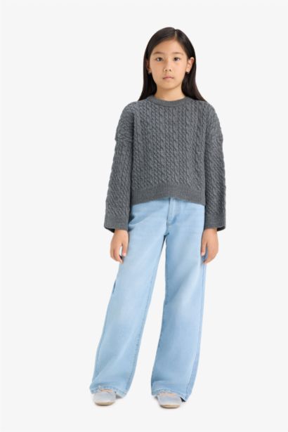 بلوفر بناتي تريكو قصة عادية برقبة مستديرة أنثرا