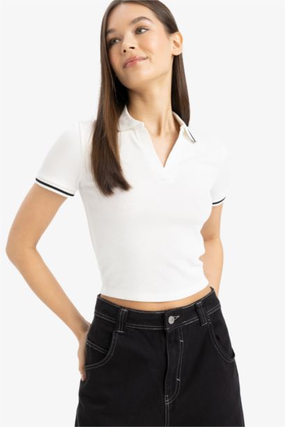 Fitted Polo Neck Corduroy Short Sleeve T-shirt