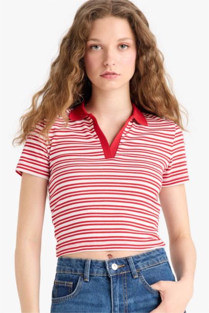 Fitted Polo Yaka Çizgili Fitilli Kaşkorse Kısa Kollu Tişört