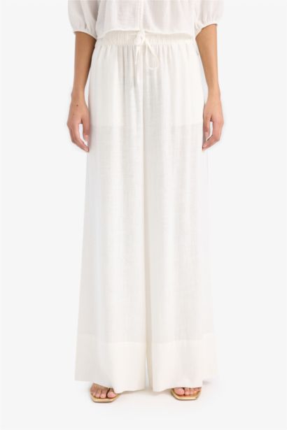 Wide Leg Elastic Waist Midi Linen Trousers