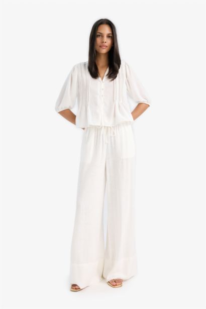 Wide Leg Elastic Waist Midi Linen Trousers