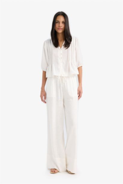 Wide Leg Elastic Waist Midi Linen Trousers