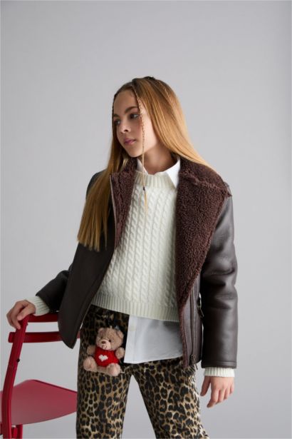 Girl Plush Lined With Pockets Zippered Hooded Jacket