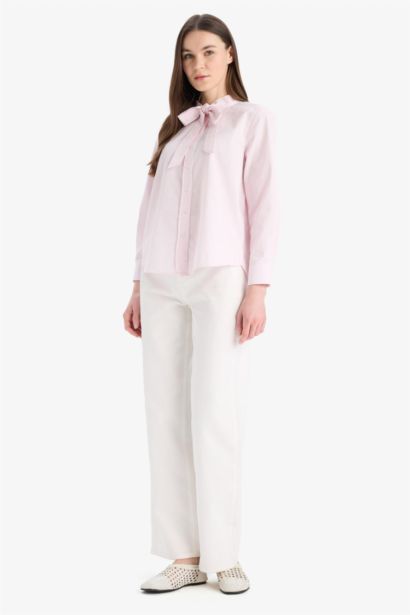 Relax Fit Fiyonk Yaka Çizgili Simli Kumaş Uzun Kollu Tesettür Gömlek Tunik