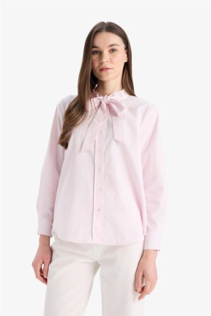 Relax Fit Fiyonk Yaka Çizgili Simli Kumaş Uzun Kollu Tesettür Gömlek Tunik