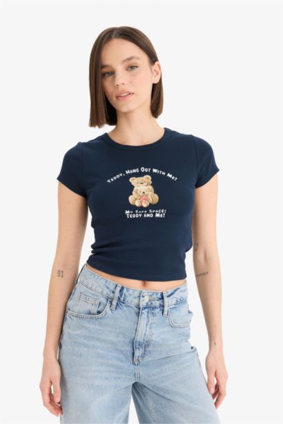 Fitted Crew Neck Photo Printed Ribbed T-Shirt