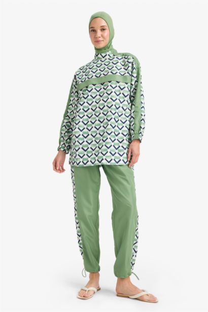 Regular Fit Su İtici 3'lü Desenli Burkini Tesettür Mayo Takım