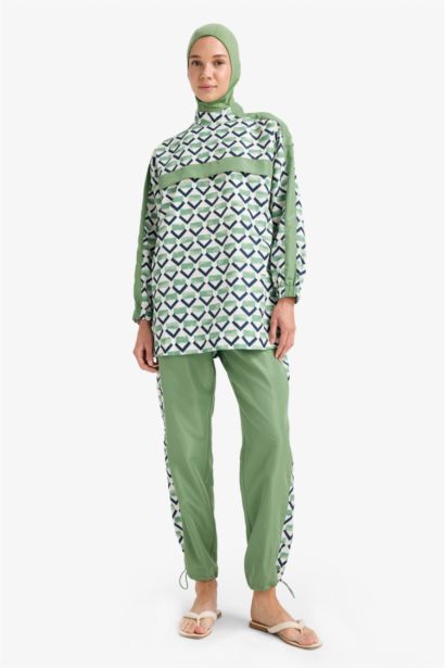 Regular Fit Su İtici 3'lü Desenli Burkini Tesettür Mayo Takım