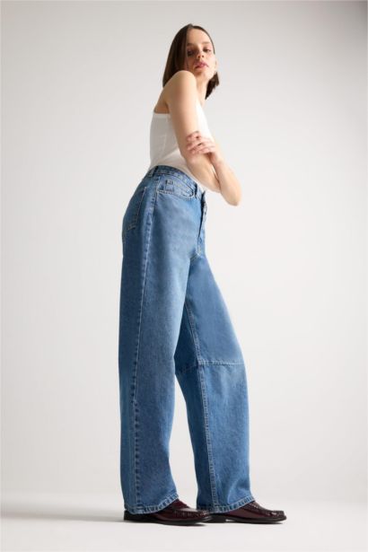 %100 Pamuk Barrel Fıt Normal Bel Jean Pantolon