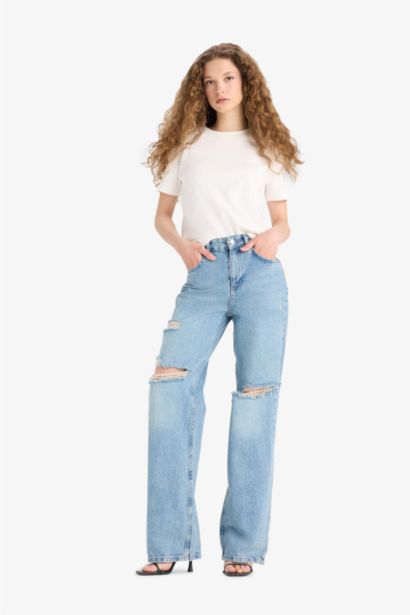 Straight Wide Yırtık Detaylı Yüksek Bel Uzun Jean Yıkamalı Pantolon