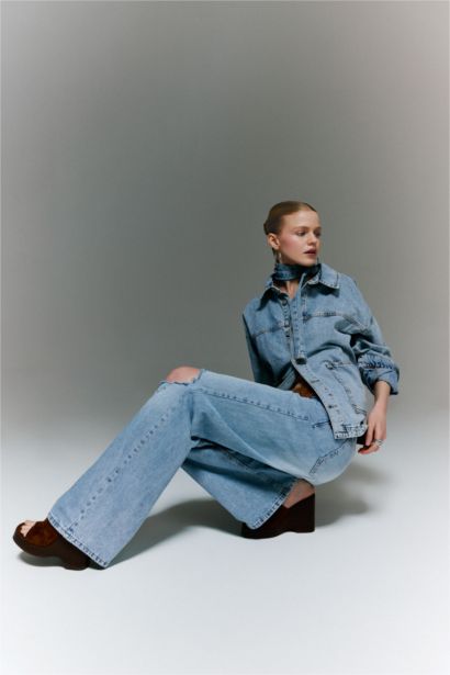 Afra x Defacto Straıght Wıde Yırtık Detaylı Yüksek Bel  Jean Yıkamalı Pantolon