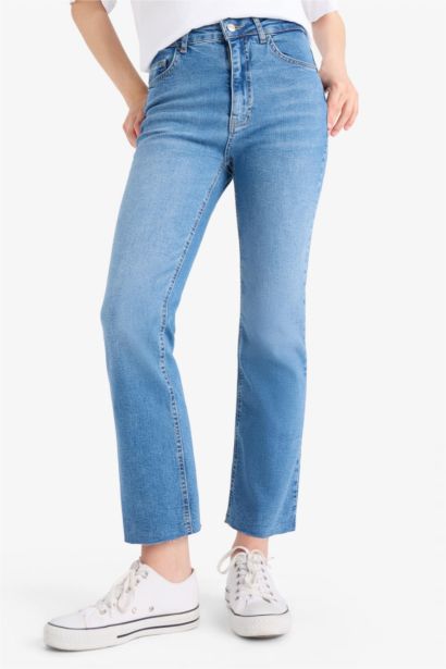 Crop Flare Fit Yüksek Bel Bilek Boy Jean Yıkamalı Pantolon