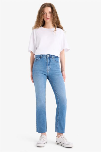 Crop Flare Fit Yüksek Bel Bilek Boy Jean Yıkamalı Pantolon