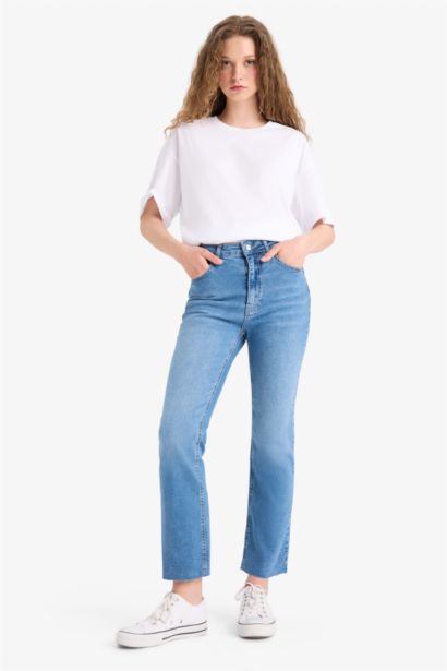 Crop Flare Fit Yüksek Bel Bilek Boy Jean Yıkamalı Pantolon
