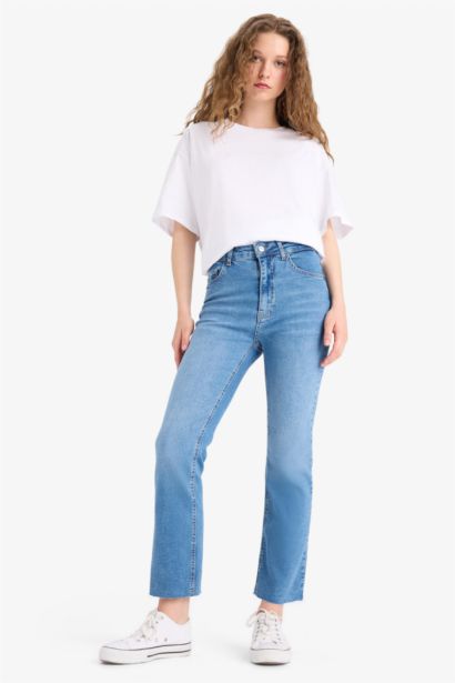 Crop Flare Fit Yüksek Bel Bilek Boy Jean Yıkamalı Pantolon