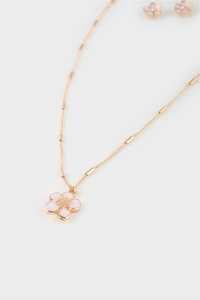 Ensemble Collier doré et Boucles d’oreilles fleur rose pour femme