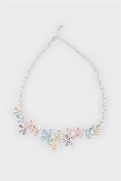 Woman Colorful Floral Silver Necklace