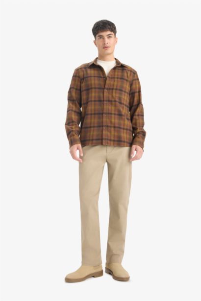 Regular Fit Polo Collar Plaid Flanel Long Sleeve Shirt