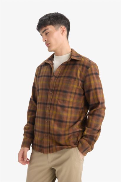 Regular Fit Polo Collar Plaid Flanel Long Sleeve Shirt