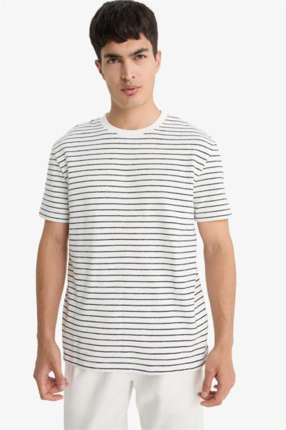 Regular Fit Bisiklet Yaka Çizgili Kısa Kollu Tişört 