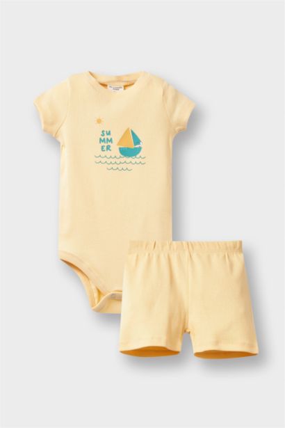 2'li Takım Baskılı Fitilli Kaşkorse Kısa Kollu Çıtçıtlı Body Şort Erkek Bebek
