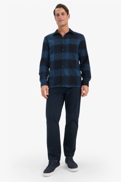 Regular Fit Polo Collar Plaid Flanel Long Sleeve Shirt
